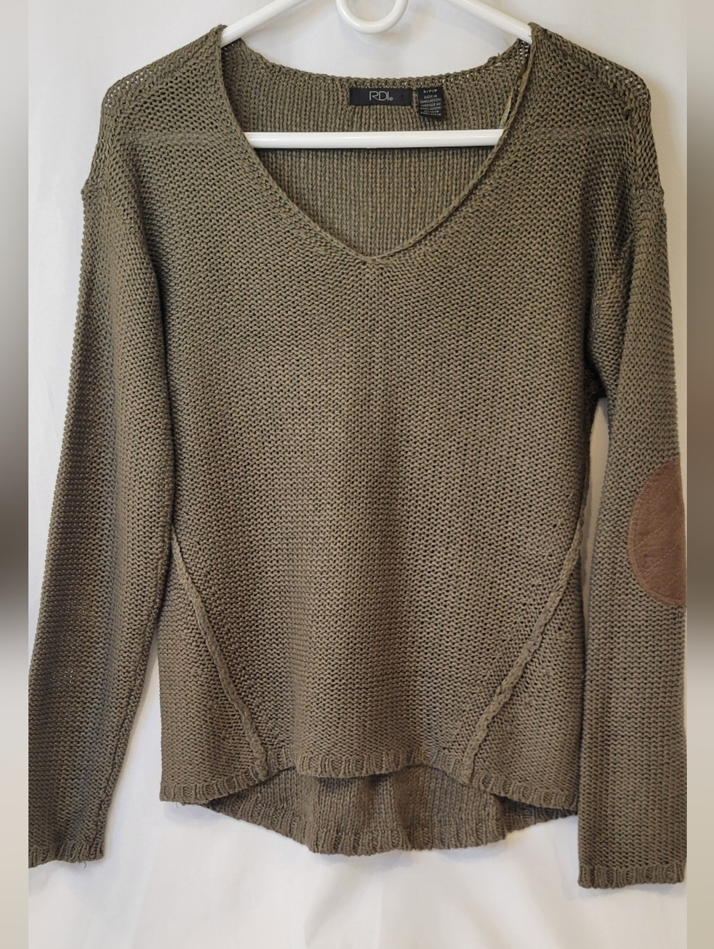 RDI Olive Green Knit V-Neck Sweater with Elbow Patches